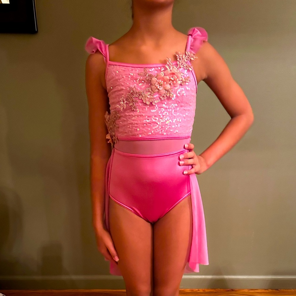 Whimsical pink dance dress. Sequins and appliqué. Ruffled shoulder straps.